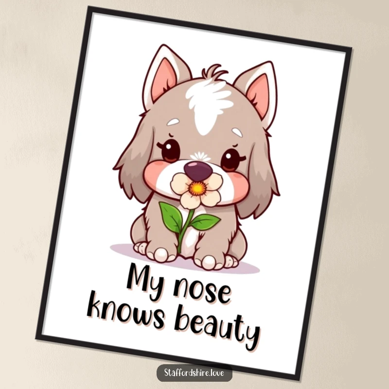 Funny Free Printable Wall Art: Kawaii Staffordshire dog gently holding a flower in its mouth, adding sweet charm.