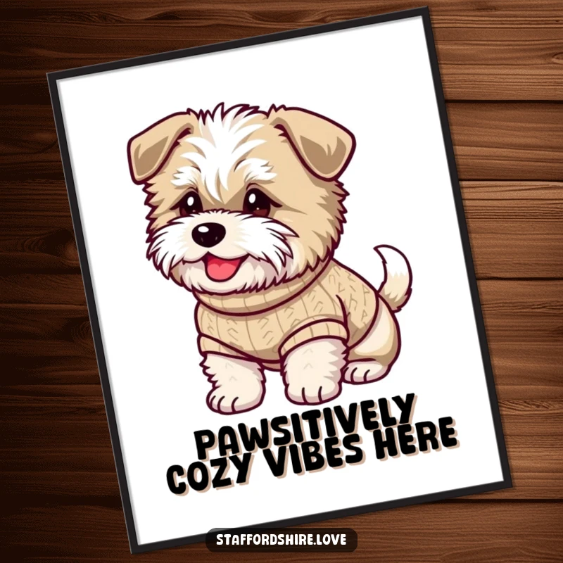 Funny free printable wall art of a fluffy Staffordshire dog in a knitted sweater, tail wagging happily.