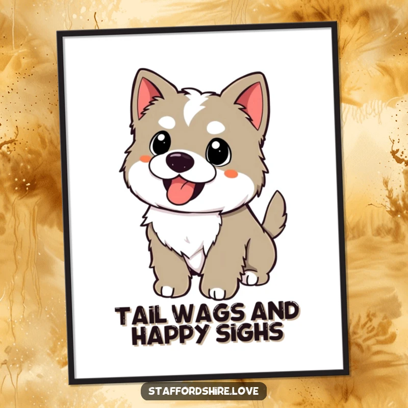 Funny Free Printable Wall Art: Kawaii Staffordshire puppy with a wagging tail and happy panting, radiating pure joy, perfect downloadable decor.