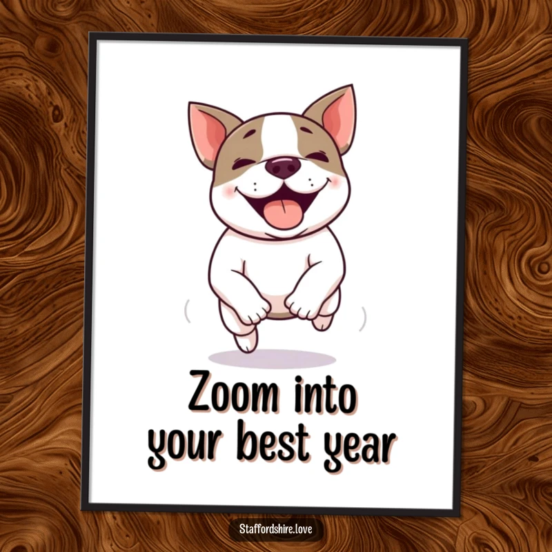 Funny Free Printable Wall Art: A vibrant Kawaii Staffy Bull Terrier captured mid-zoomie, radiating pure, unadulterated joy.