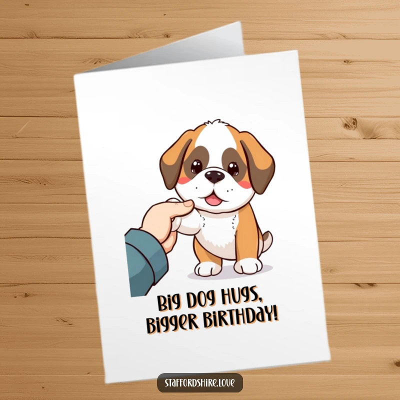 Funny Free Printable Birthday Card: Kawaii Saint Bernard nudging a hand with a loving, happy expression.