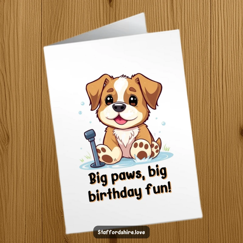 Funny Free Printable Birthday Card shows a happy Staffordshire with comically large paws playing joyfully in a sprinkler.