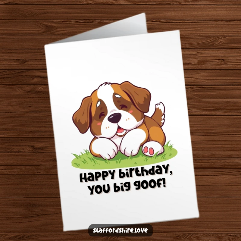 Funny Free Printable Birthday Card: Adorable kawaii Saint Bernard doing a clumsy, joyful roll on green grass.