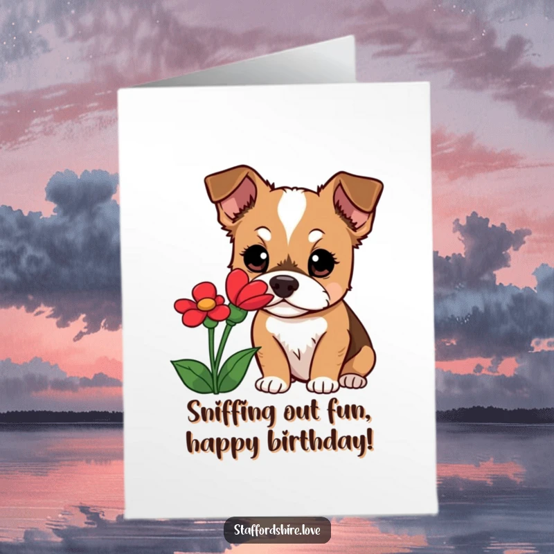 Funny Free Printable Birthday Card: Wide-eyed Staffordshire dog curiously sniffing a vibrant red flower with delight.