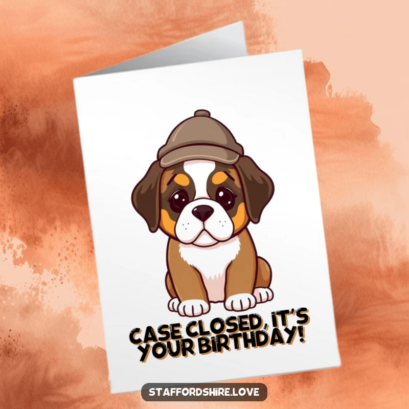 Funny Free Printable Birthday Card: A Saint Bernard puppy in a tiny detective hat looks curious, ready to investigate birthday fun.
