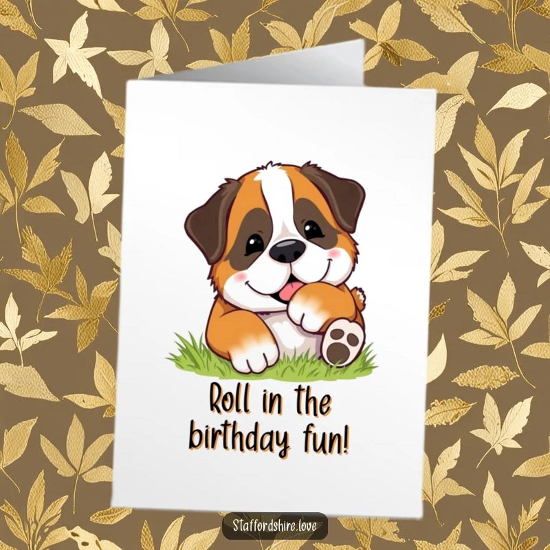 Funny Free Printable Birthday Card: A Saint Bernard puppy rolls with pure bliss in soft green grass, embodying carefree celebration.