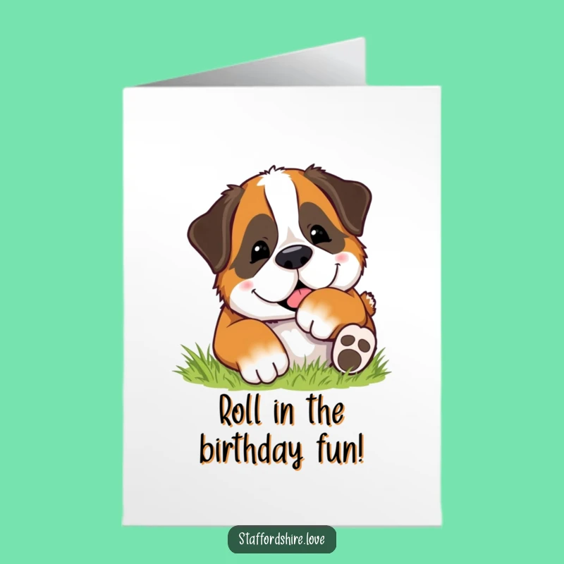 Free Printable Birthday Card: Happy Puppy Rolling in Grass - Funny Downloadable Gift