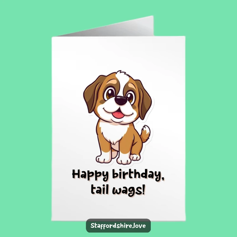 Free Printable Birthday Card: Happy Saint Bernard Wagging Tail, Joyful Download