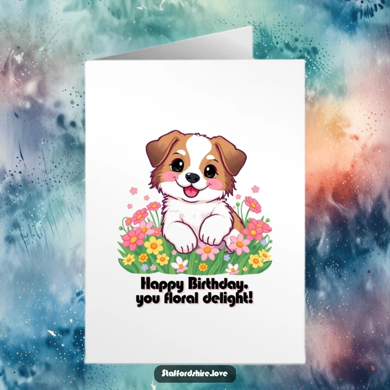 Funny Free Printable Birthday Card shows a delighted Staffordshire happily rolling in a colorful patch of flowers.