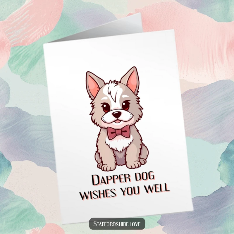 Funny Free Printable Birthday Card: Kawaii Staffordshire dog in a tiny bowtie sits proudly, ready for birthday fun.