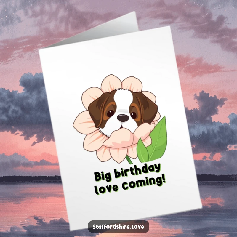 Funny Free Printable Birthday Card: A Saint Bernard dog peeks mischievously from behind a huge, colorful flower, wishing happy birthday.