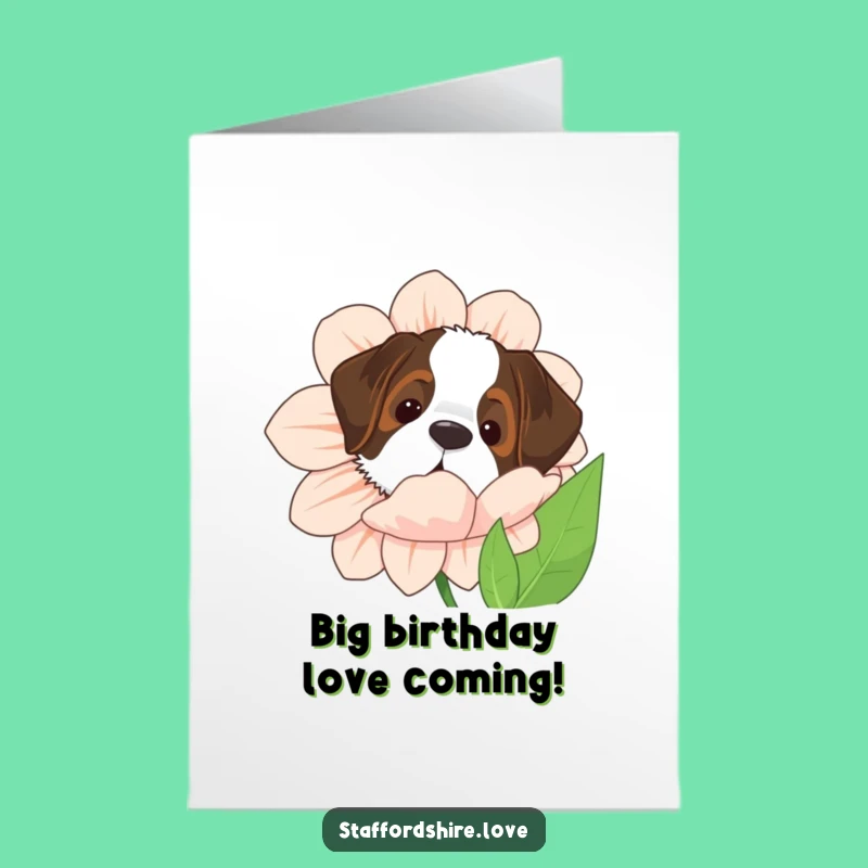 Free Printable Birthday Card: Saint Bernard Peeking, Giant Flower Funny Download