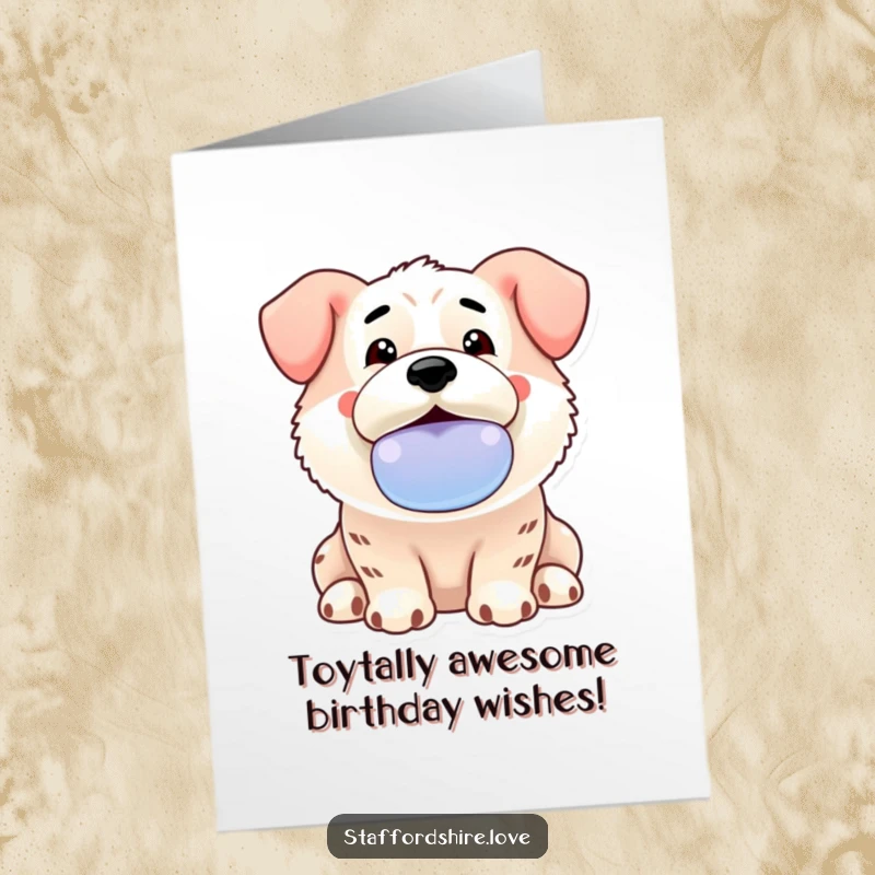 Funny Free Printable Birthday Card: Kawaii Staffordshire enthusiastically offers a slobbery toy for birthday celebrations.