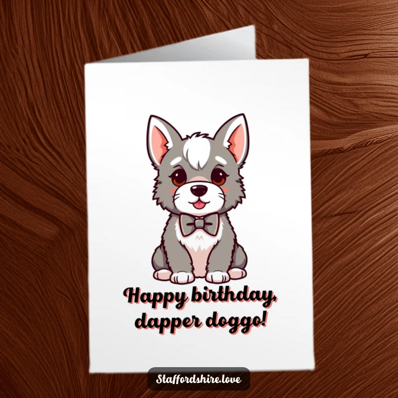 Funny Free Printable Happy Birthday card featuring a kawaii Staffordshire wearing a small bowtie, sitting proudly with an air of sophisticated celebration.