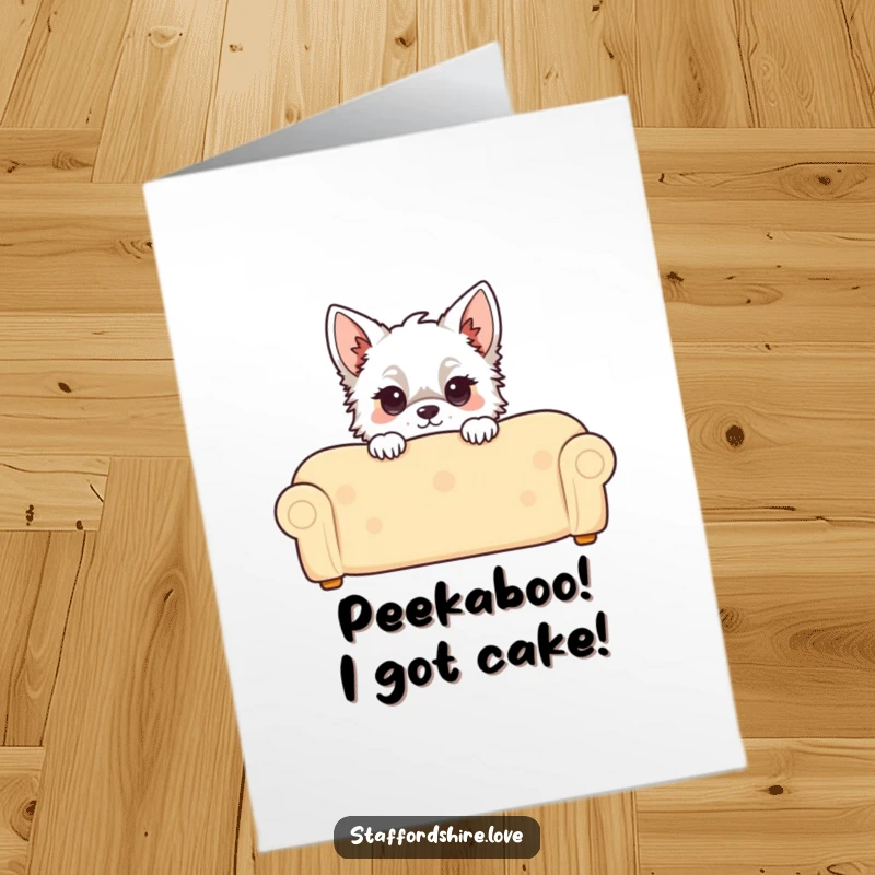Funny Free Printable Birthday Card: Kawaii Staffordshire dog peeking over a comfy couch, ready for birthday fun.