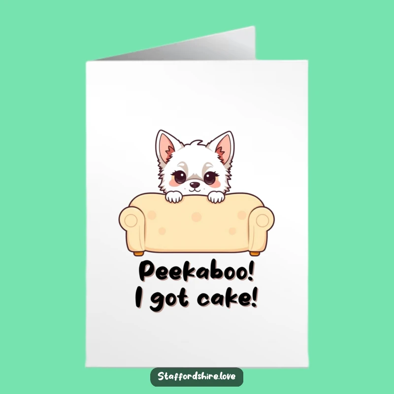 Free Printable Staffy Birthday Card: Couch Peek Downloadable Greeting for Fun Times