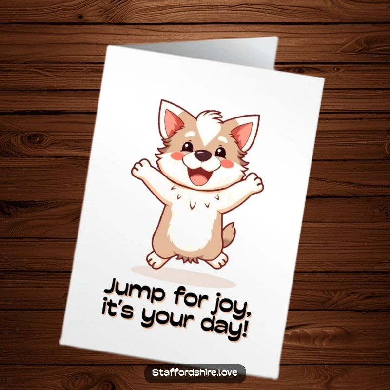 Funny Free Printable Birthday Card: Kawaii Staffordshire dog doing a happy, clumsy jump, celebrating with pure excitement.