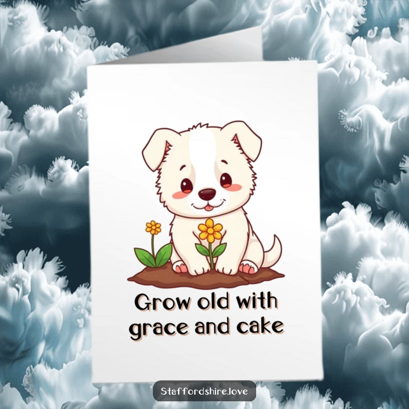 Free Printable Birthday Card: Soft Staffordshire with gentle expression planting a tiny colorful flower, sending birthday wishes.