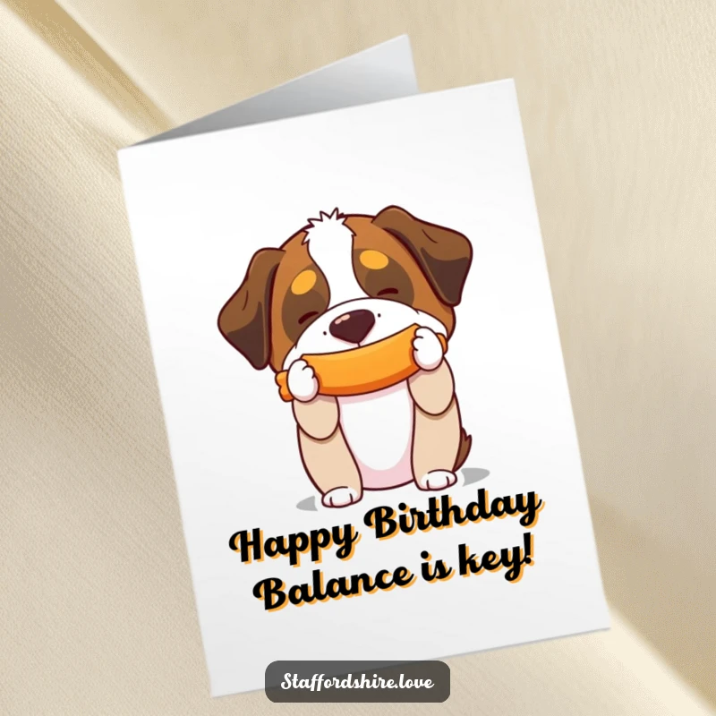 Funny Free Printable Birthday Card: A Saint Bernard impressively balances a squeaky toy on its snout, celebrating joyfully.