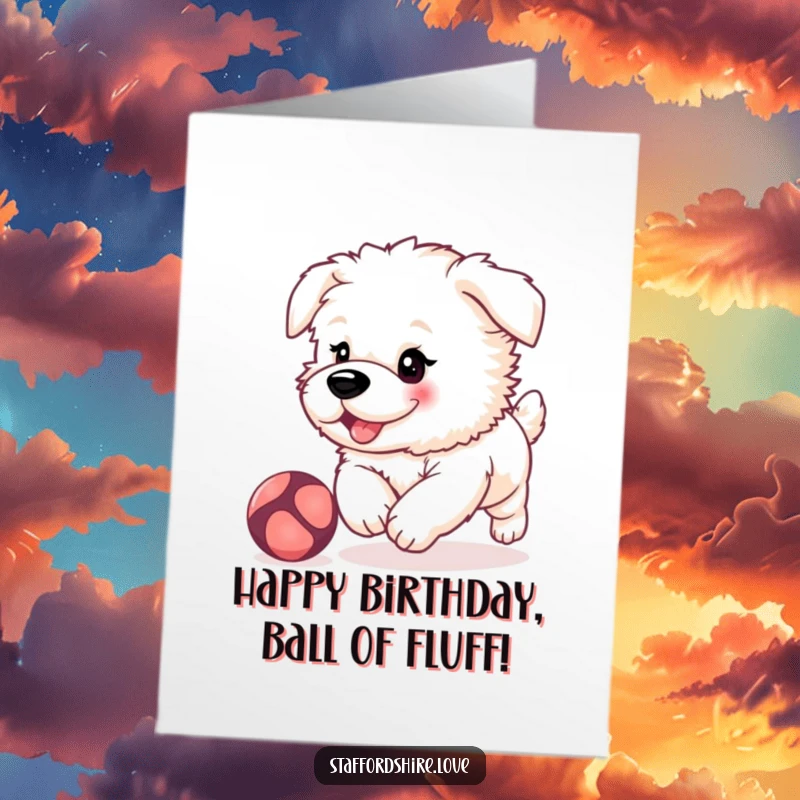 Funny Free Printable Birthday Card: Fluffy Staffordshire puppy with rosy cheeks, joyfully chasing a bouncing ball on a happy birthday.