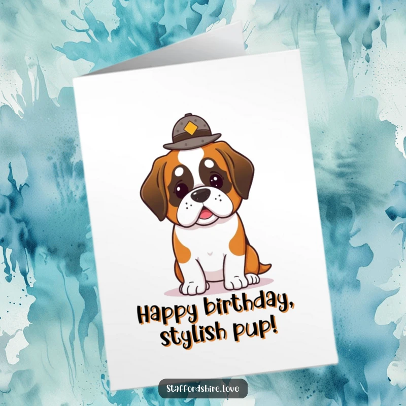 Funny Free Printable Birthday Card: Cute kawaii Saint Bernard concentrating hard trying to balance a small, jaunty hat.