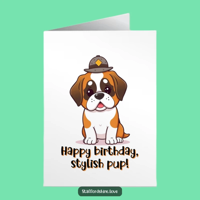 Free Printable Birthday Card: Hat-Balancing Kawaii Saint Bernard - Funny Gift