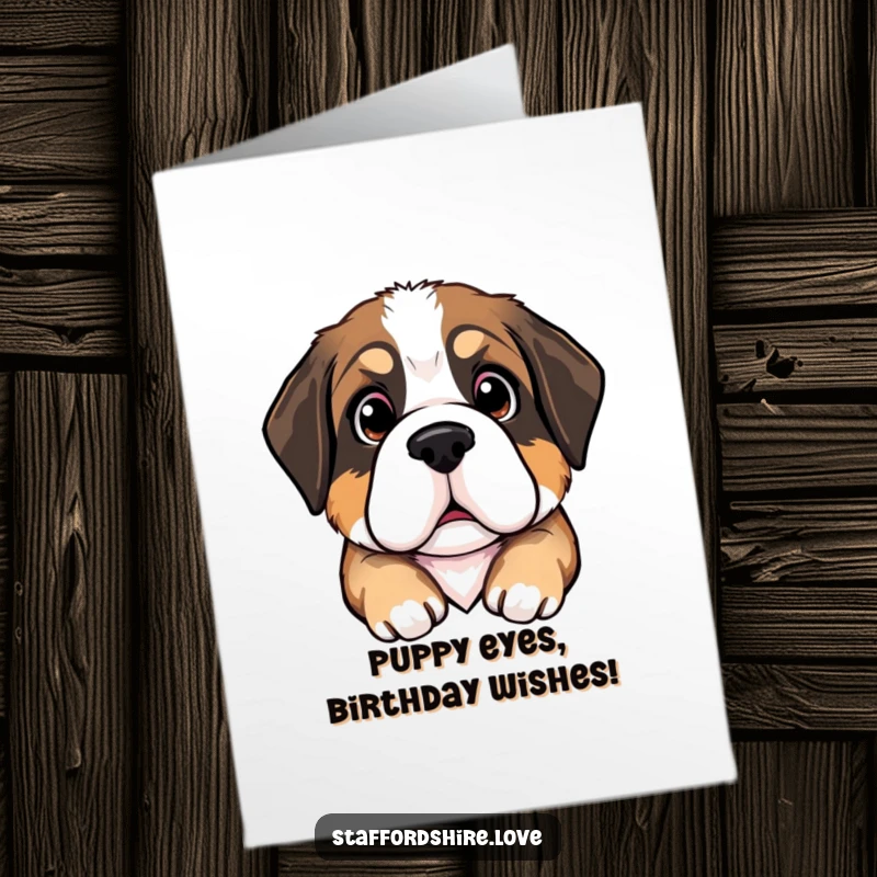 Funny Free Printable Birthday Card: Saint Bernard puppy tilting its head with huge, pleading eyes, begging for cake.