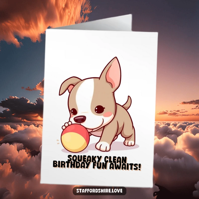 Funny Free Printable Birthday Card: Adorable Kawaii Staffy puppy joyfully chasing a squeaky toy, ready for a birthday surprise.