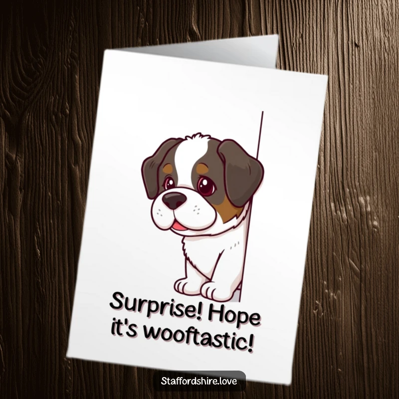 Funny Free Printable Birthday Card: Saint Bernard peeks around corner with a mischievous glint, planning birthday fun.