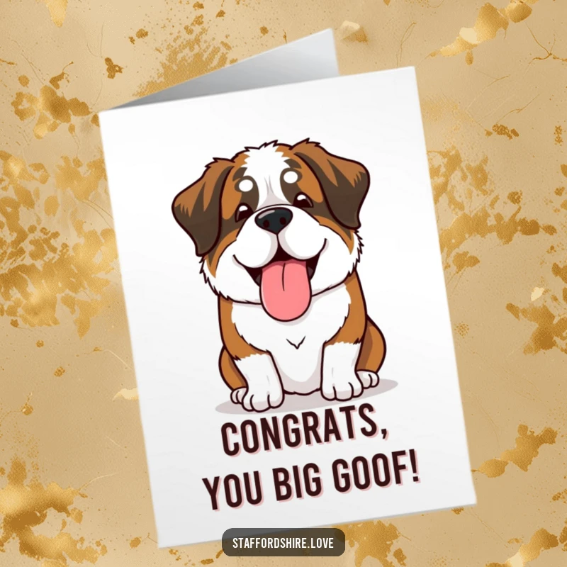 Funny Free Printable Congratulations Card: Saint Bernard dog sighs contentedly, tongue lolling out, celebrating your success.