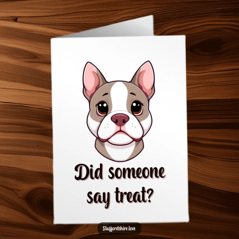 Funny Free Printable Congratulations Card: Kawaii Staffordshire Bull Terrier tilting its head, showing keen interest.