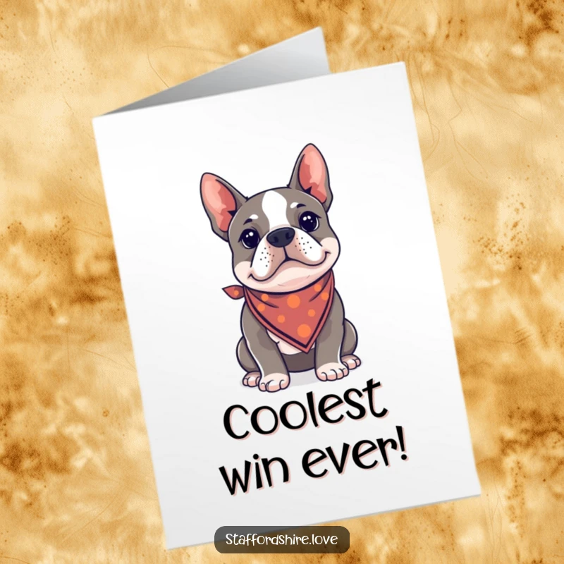 Funny Free Printable Congratulations Card: A Kawaii Staffy Bull Terrier looking sharp and cool in a small bandana, celebrating a win.