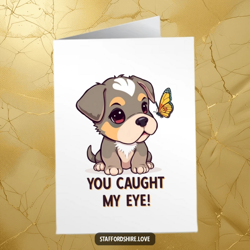 Funny Free Printable Congratulations Card: A Staffordshire pup with one ear flopped, looking curiously at a fluttering butterfly, celebrating your success.