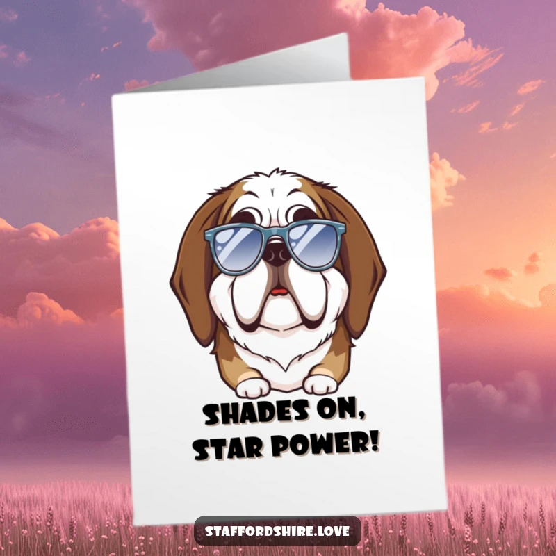 Funny Free Printable Congratulations Card: Saint Bernard dog in miniature trendy sunglasses, looking hilariously over-accessorized.
