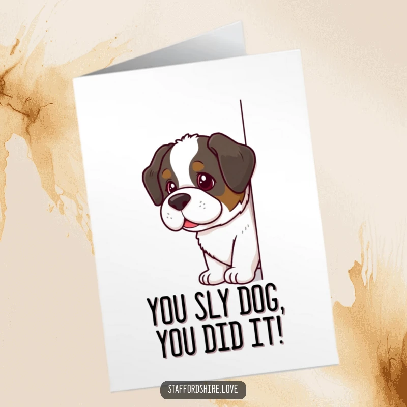 Funny Free Printable Congratulations Card: Mischievous Saint Bernard peeks around a corner, sharing a sly, congratulatory glance.