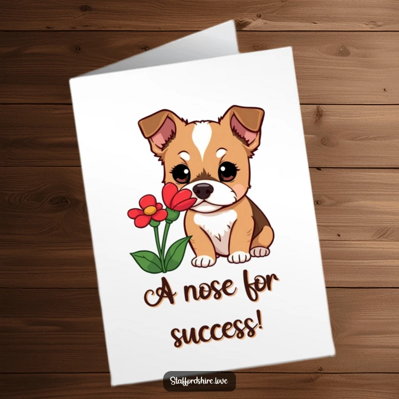 Funny Free Printable Congratulations Card: Curious Staffordshire dog with big eyes, sniffing a bright red flower happily.