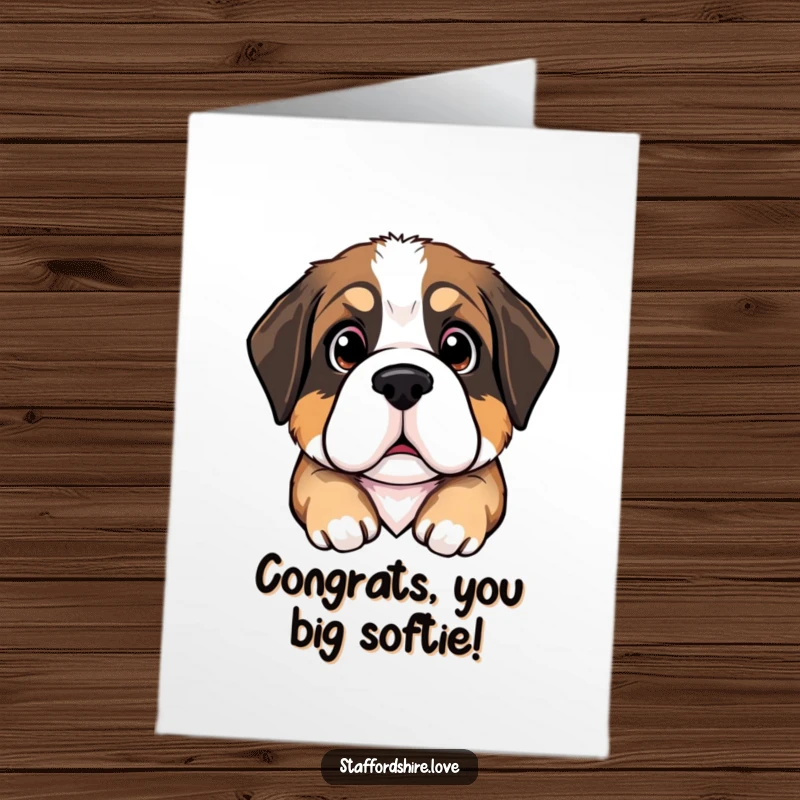 Funny Free Printable Congratulations Card: Saint Bernard puppy with large, pleading eyes, looking hopeful for your success.