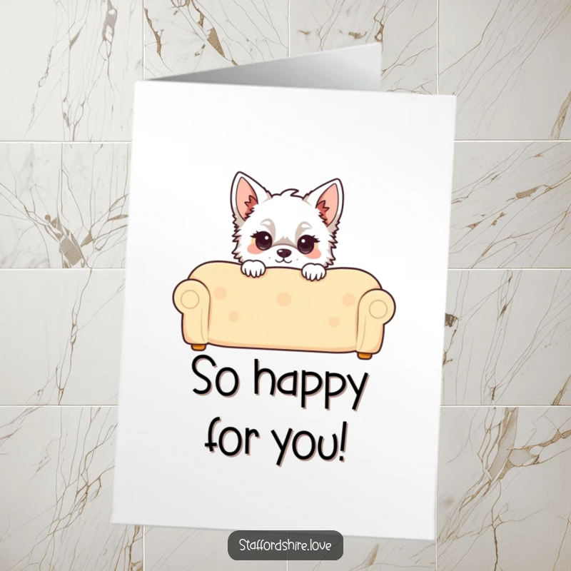 Funny Free Printable Congrats Card: Kawaii Staffordshire dog peeking over a comfy couch, sharing in the congratulations.
