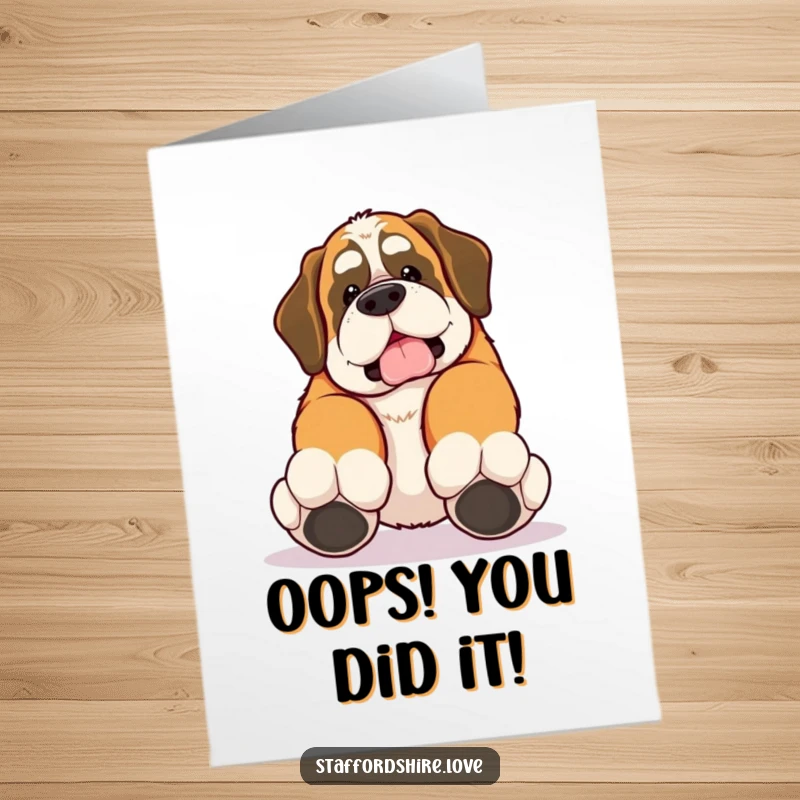 Funny Free Printable Congratulations Card: A kawaii Saint Bernard comically stumbles over its paws, celebrating an achievement nonetheless, downloadable art.
