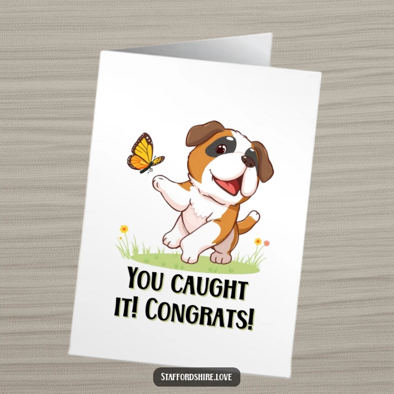 Funny Free Printable Congratulations Card: A Saint Bernard puppy gleefully pursues a butterfly, capturing the spirit of playful achievement.