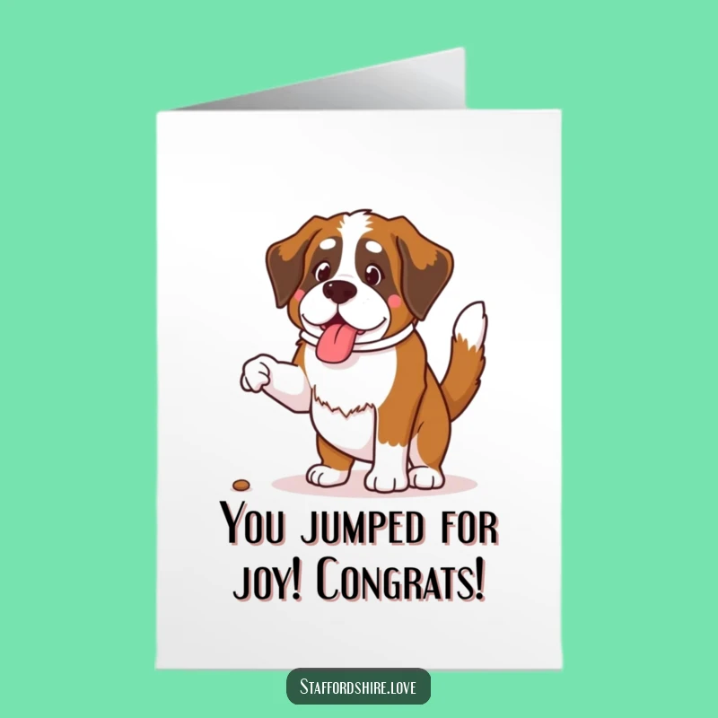 Free Printable Saint Bernard Congrats Card: Jumping Dog, Humorous DIY Download