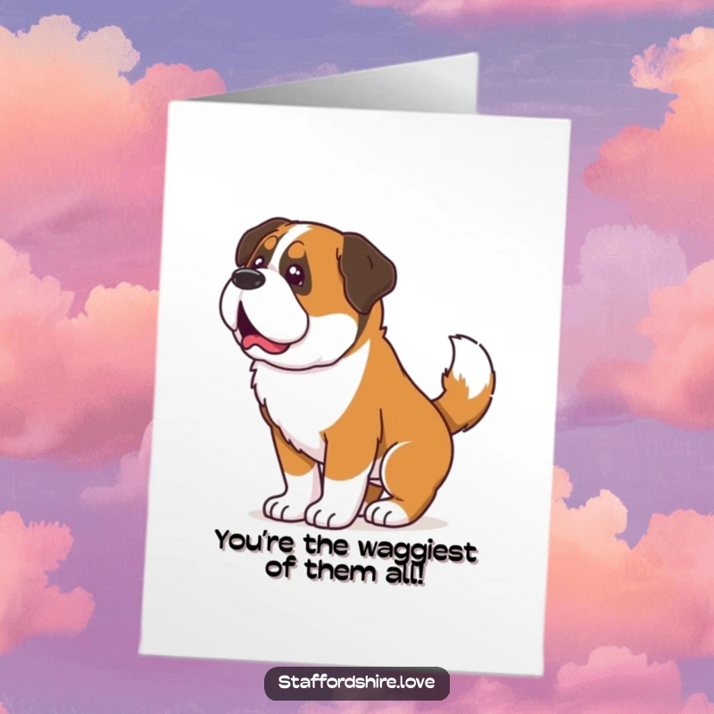 Funny Free Printable Congratulations Card: A Saint Bernard's entire body wiggles with its furiously wagging tail, celebrating success.