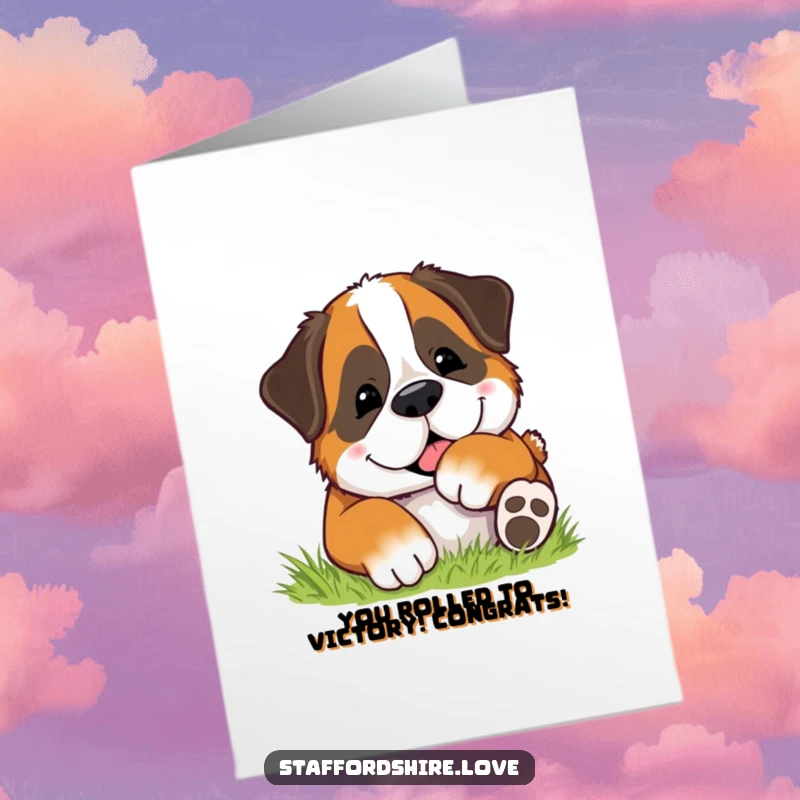 Funny Free Printable Congratulations Card: A Saint Bernard puppy rolls ecstatically in soft grass, celebrating a moment of pure, unadulterated joy.