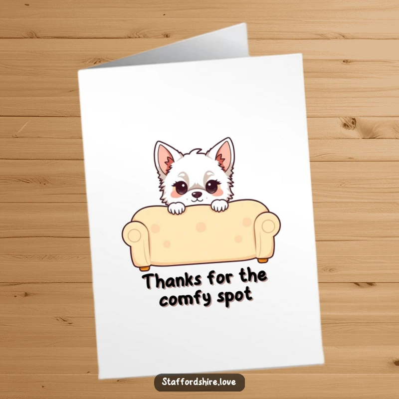 Funny Free Printable Thank You Card: Kawaii Staffordshire dog peeking from behind a comfy couch, offering thanks.