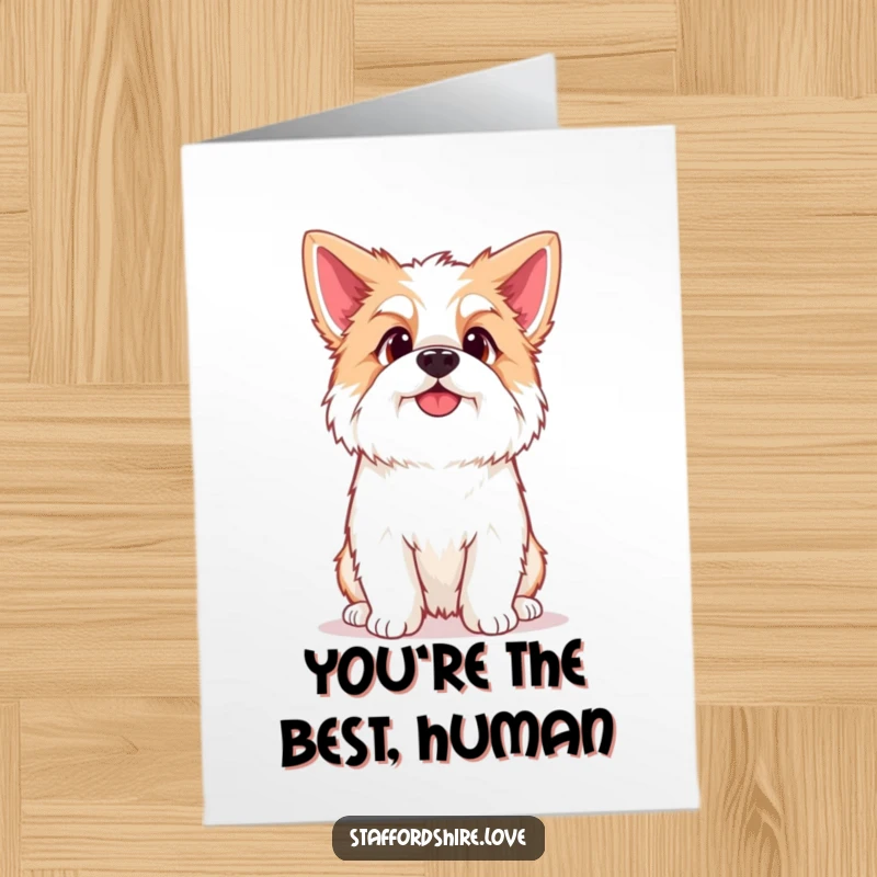 Funny Free Printable Thank You Card: Kawaii Staffordshire dog tilting head curiously, a sweet and inquisitive thank you.