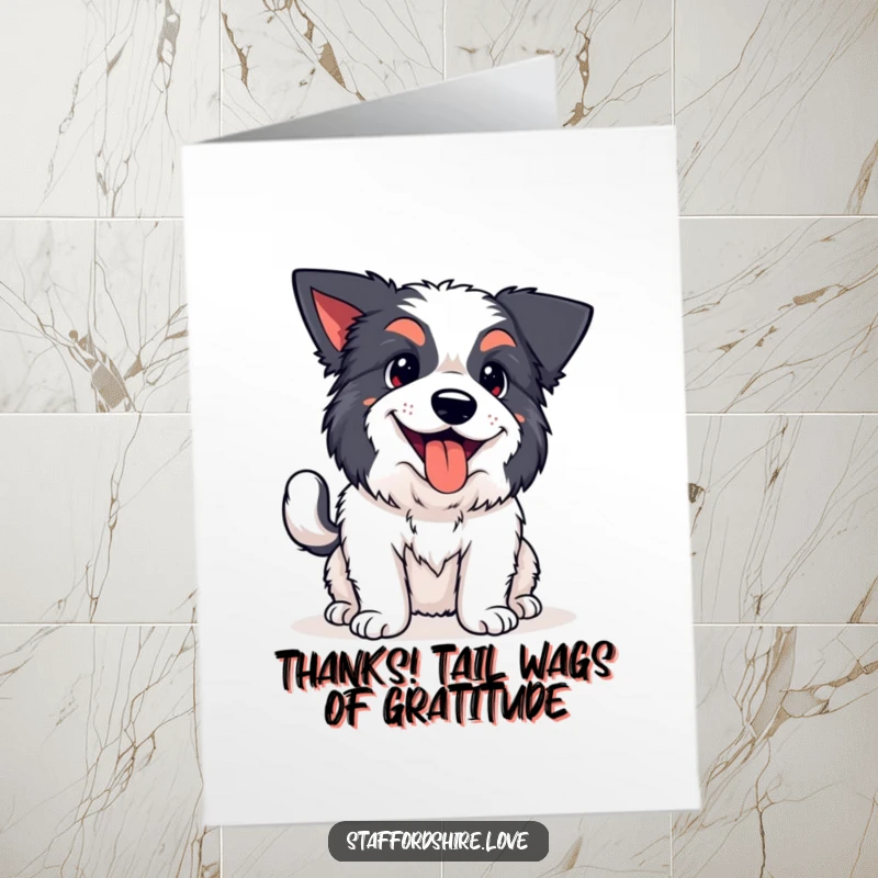Funny Free Printable Thank You card featuring a kawaii Staffordshire with an enthusiastic wagging tail and happy pants, conveying heartfelt thanks.