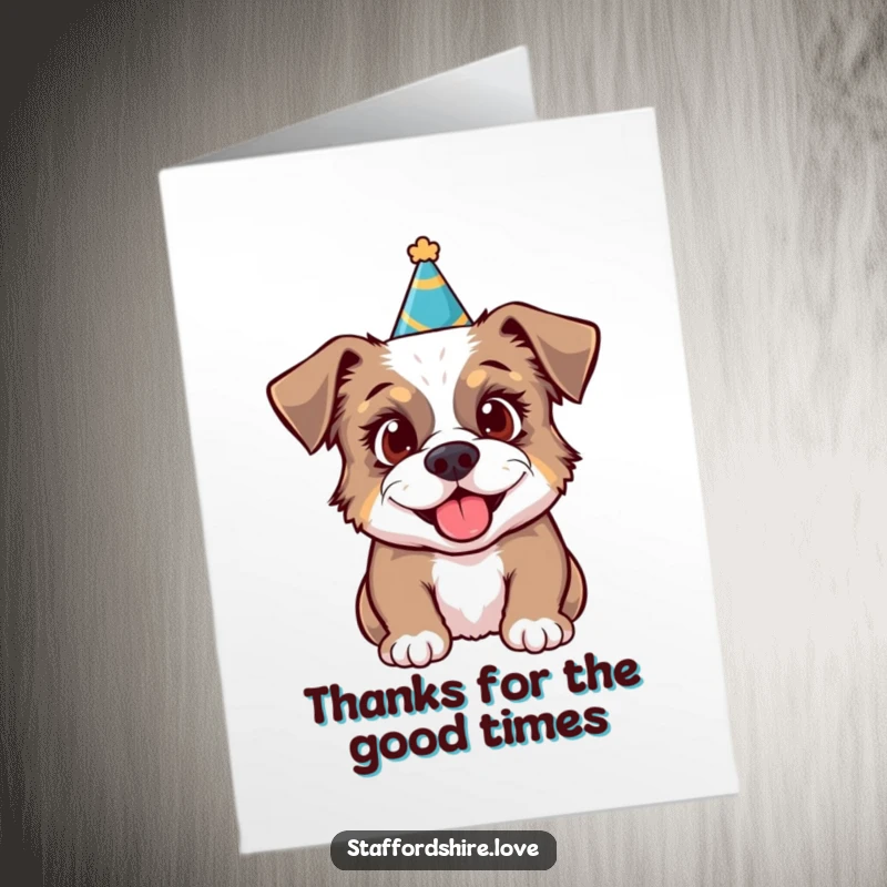Funny free printable thank you card: a Staffordshire dog with a tiny party hat beams with excitement.