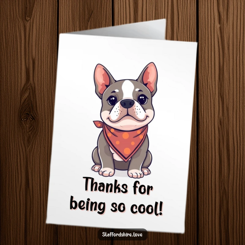 Funny Free Printable Thank You Card: A Kawaii Staffy Bull Terrier sporting a tiny bandana, looking cool while saying thanks.
