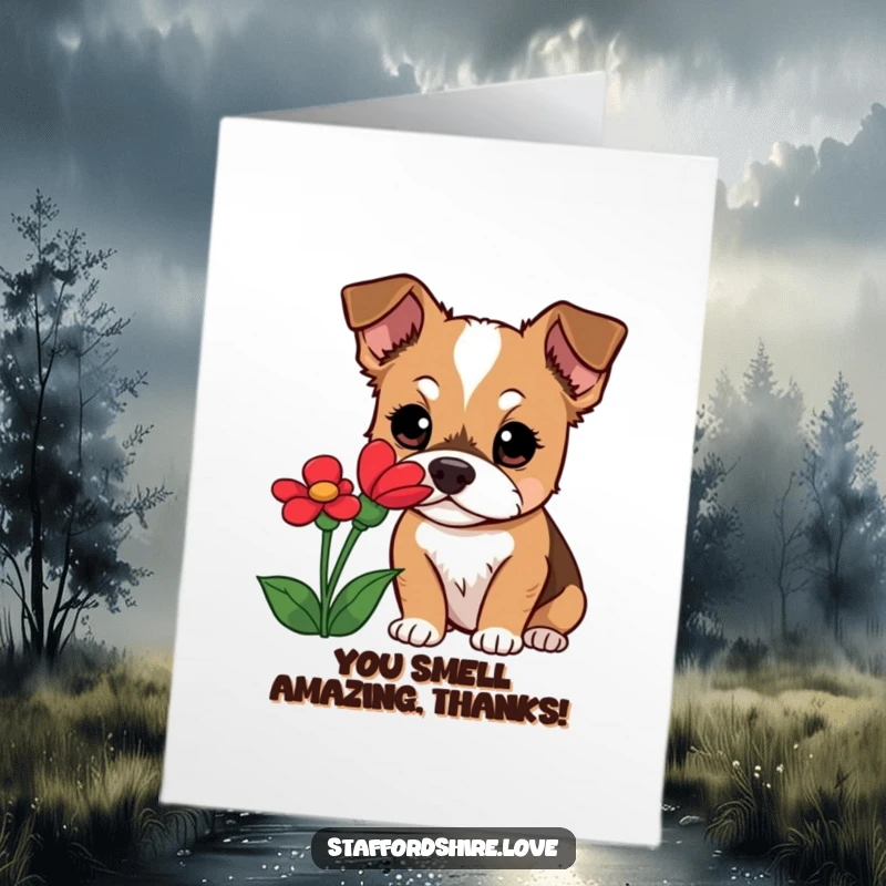 Funny Free Printable Thank You Card: A curious Staffordshire dog with wide eyes, sniffing a beautiful red flower.