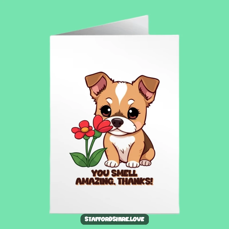 Free Printable Thank You Card: Curious Staffy & Flower, Funny Downloadable Appreciation